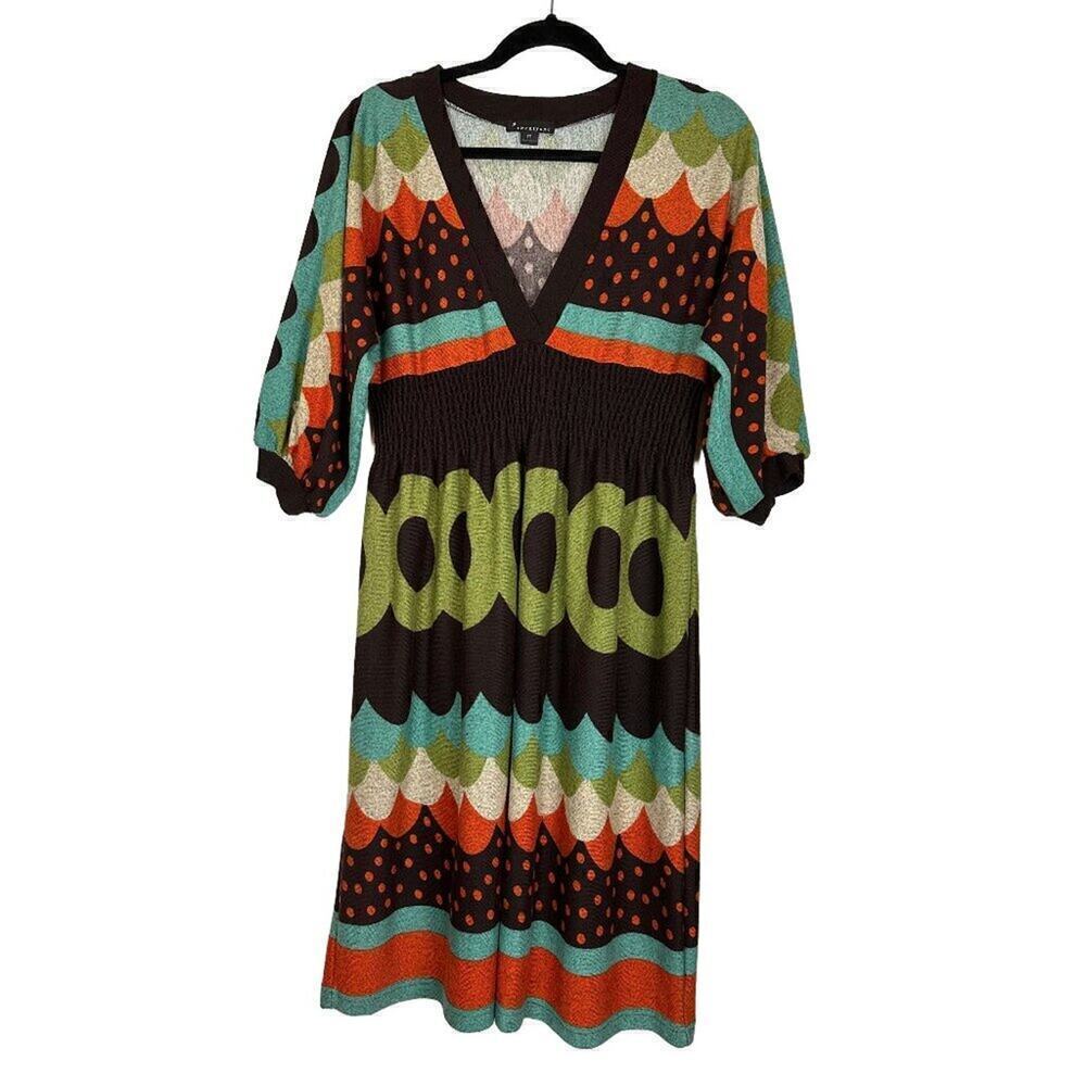 Abstract Surplice Midi Dress | Boho Retro Print | Size M